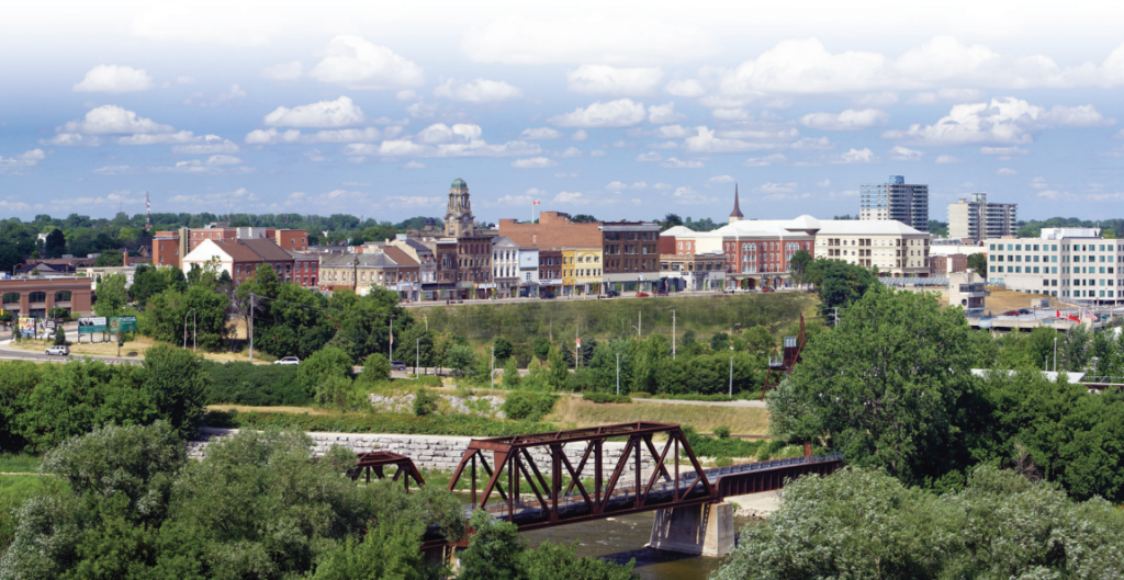 scenic shot overlooking the pedestrian bridge and lorne bridge in Brantford